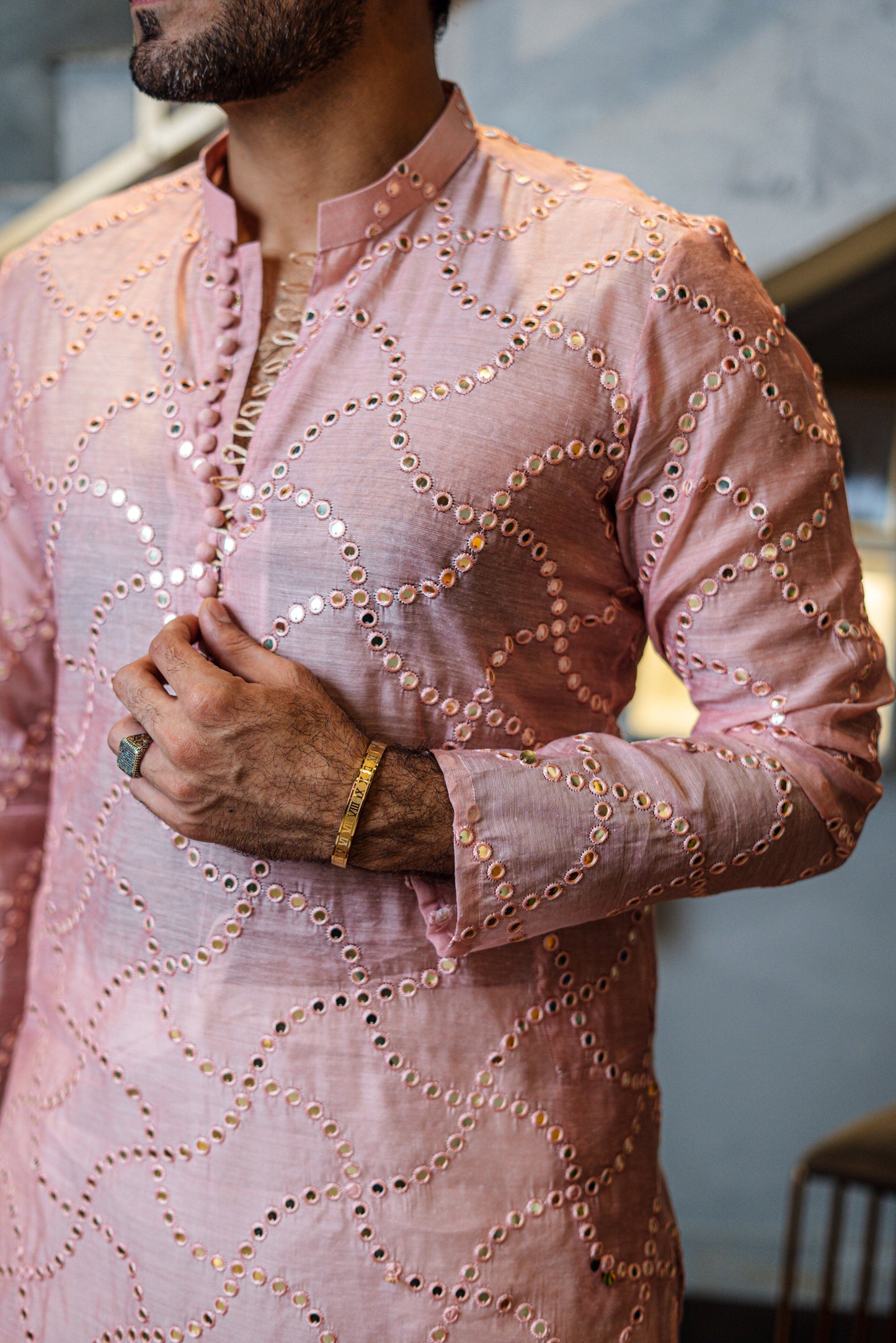 Tea Pink Embossed Mirror Work Kurta