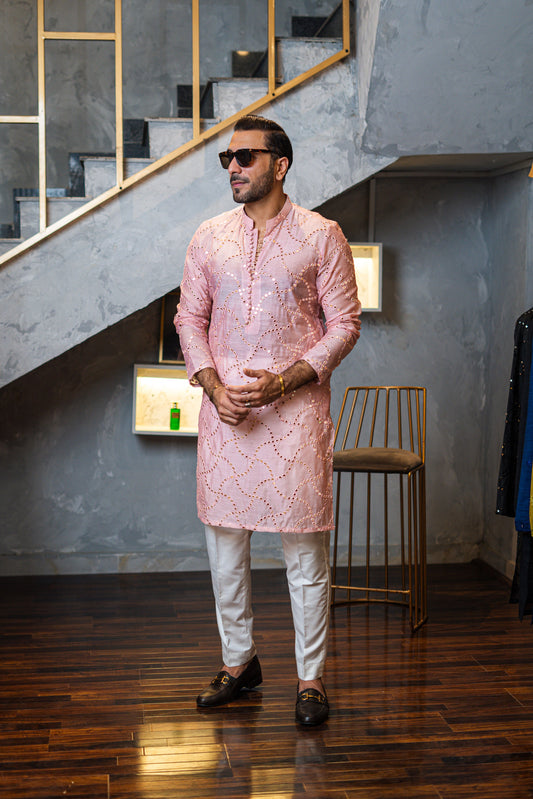 Tea Pink Embossed Mirror Work Kurta