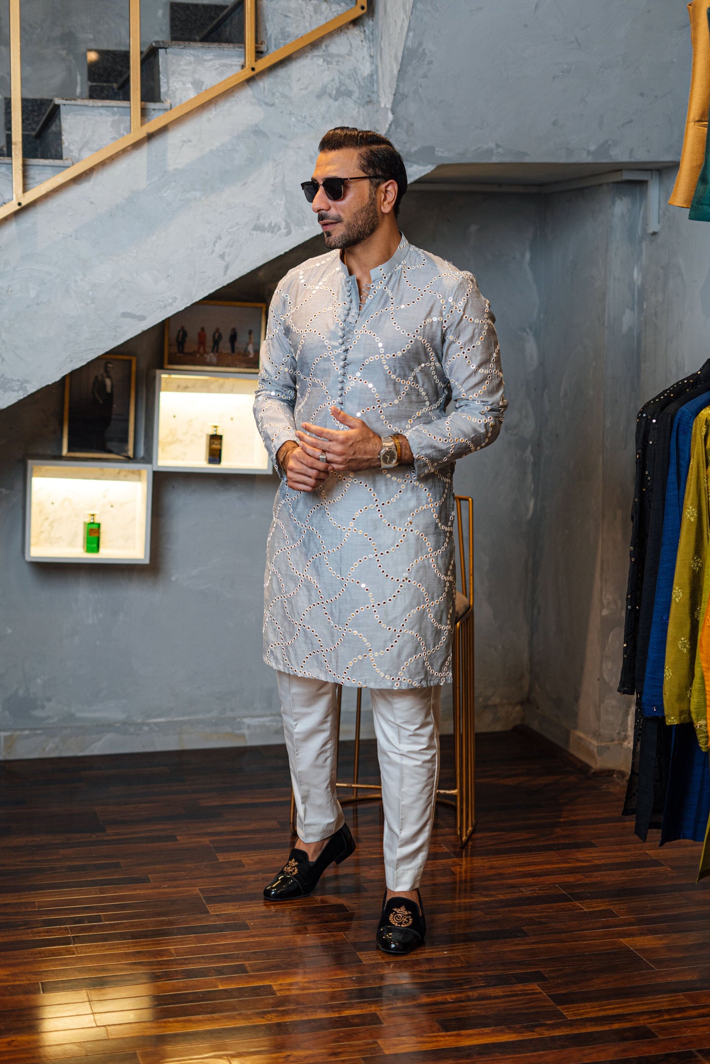 Silver Grey Embossed Mirror Work Kurta
