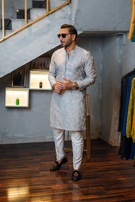 Silver Grey Embossed Mirror Work Kurta