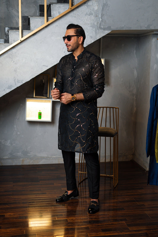 Black Embossed Mirror Work Kurta