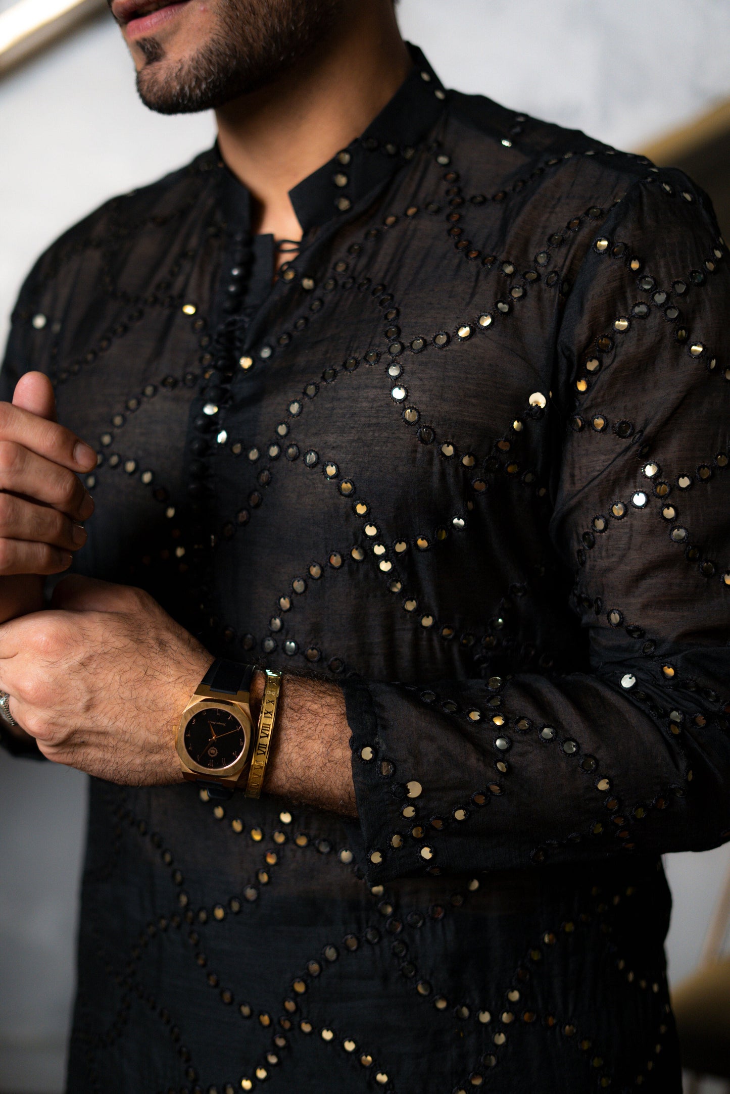 Black Embossed Mirror Work Kurta