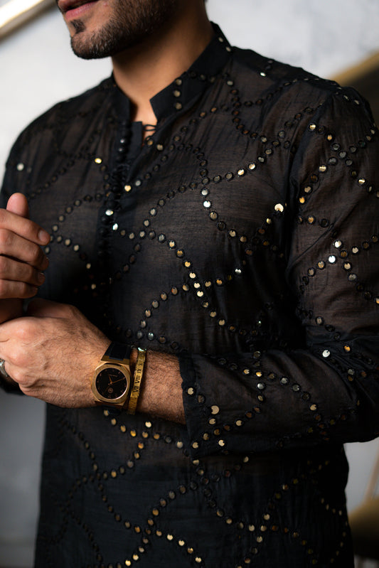 Black Embossed Mirror Work Kurta