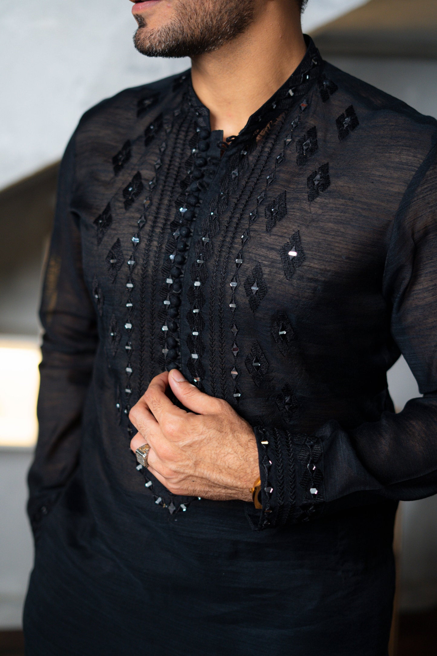 Black Embossed Sequence Work Kurta
