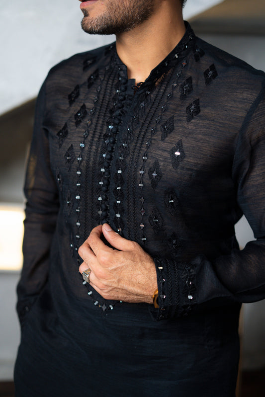 Black Embossed Sequence Work Kurta