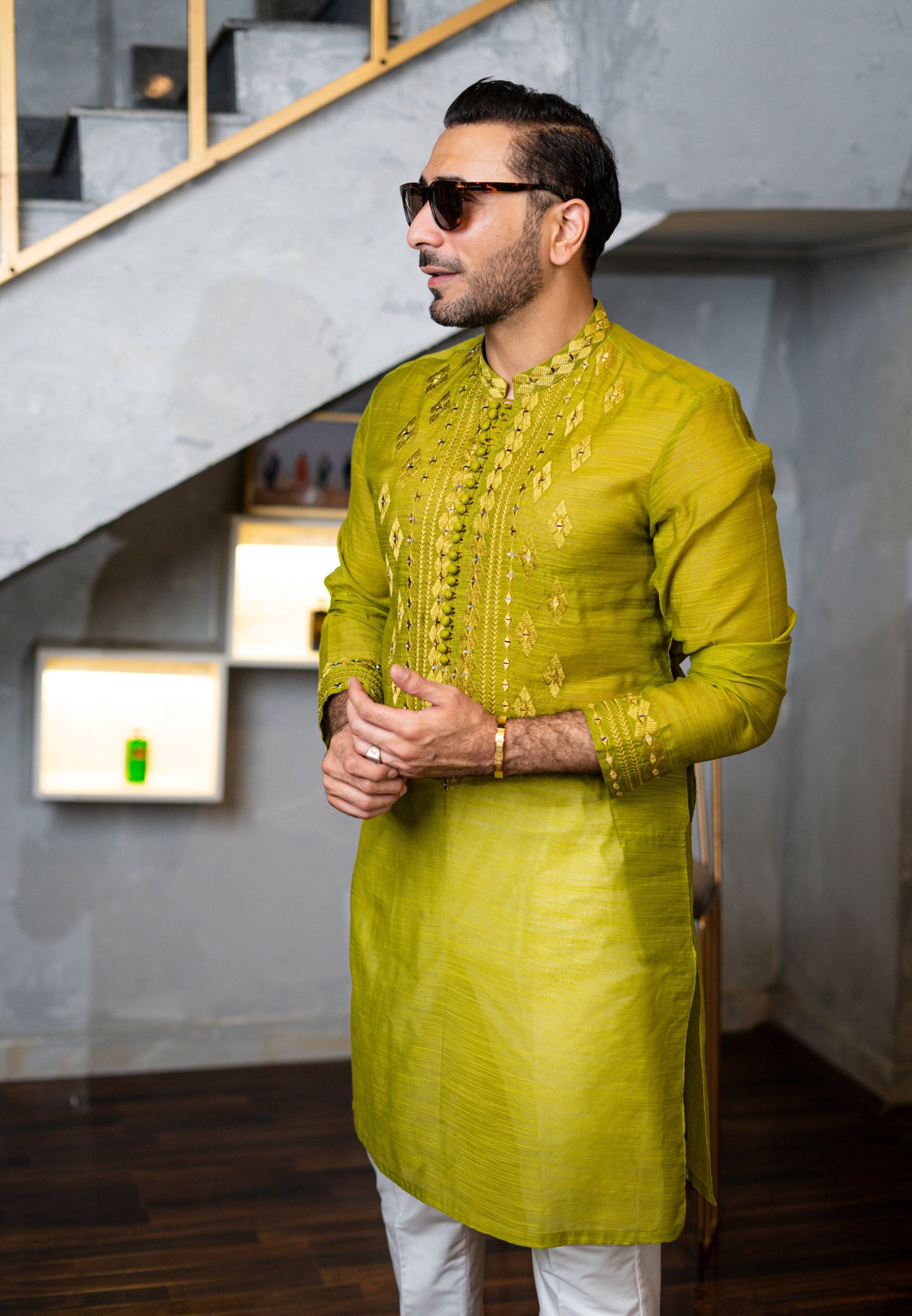 Pallete Green Self Embossed Sequence Work Kurta pajama