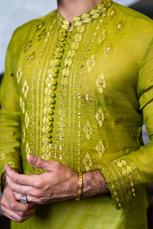 Pallete Green Self Embossed Sequence Work Kurta pajama