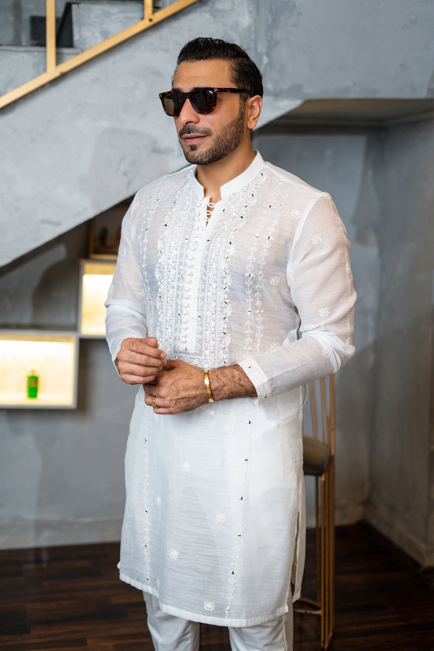 White Embossed Mirror Work Kurta Pajama