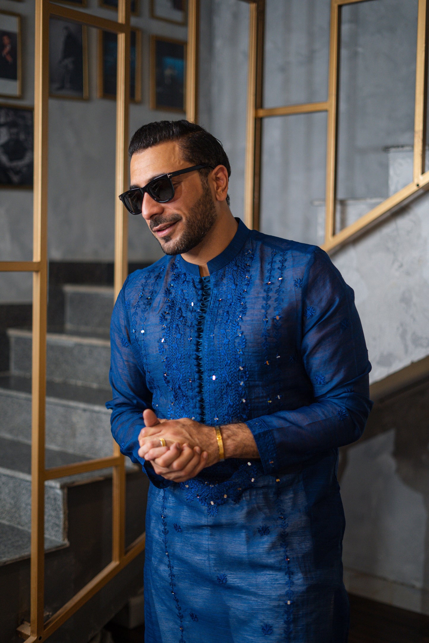 Blue Embossed Mirror Work Kurta Pajama