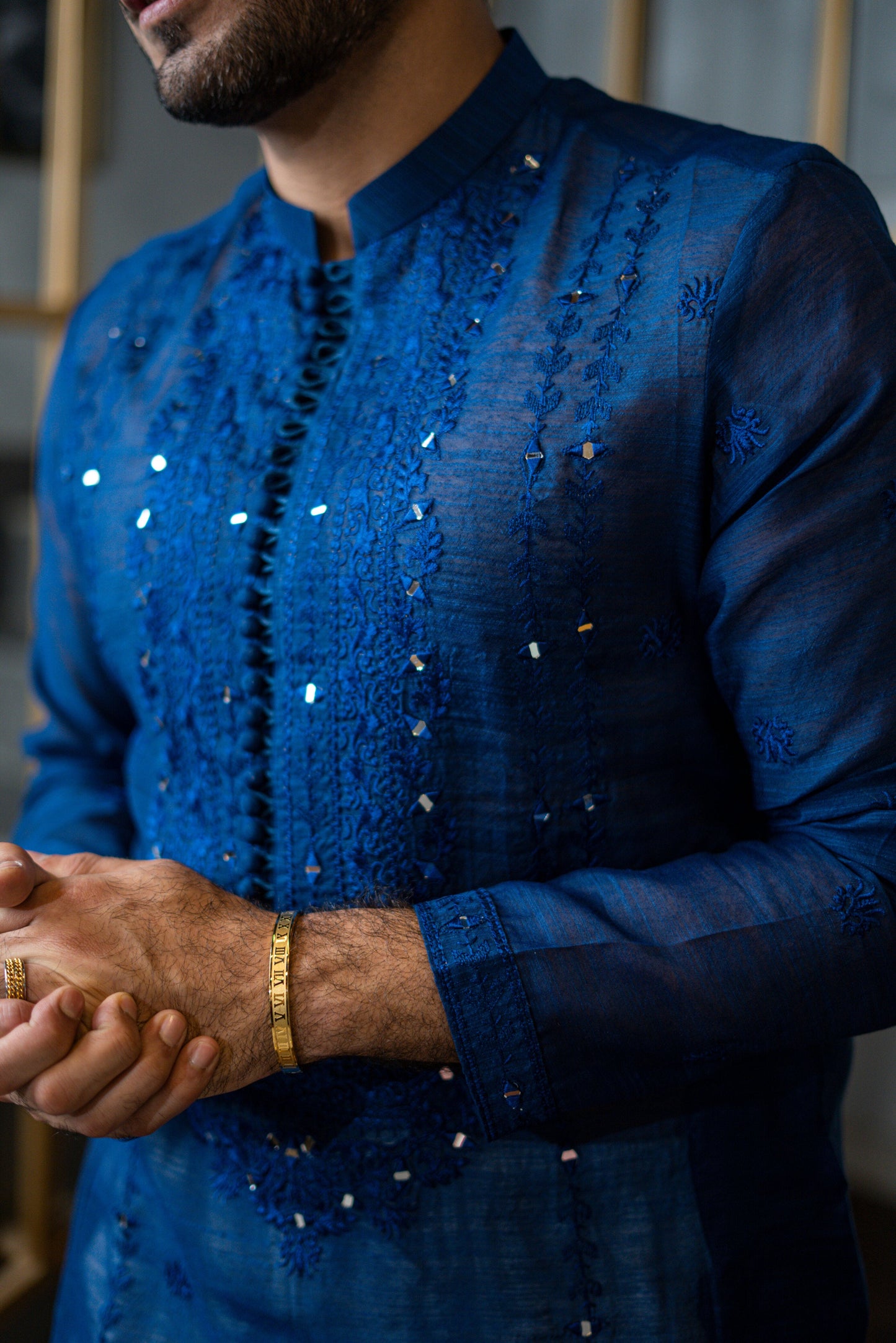 Blue Embossed Mirror Work Kurta Pajama