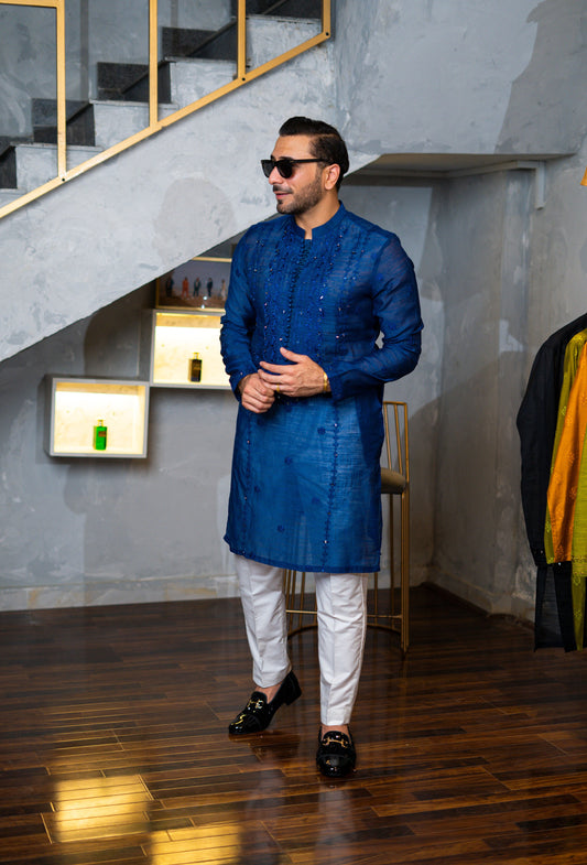 Blue Embossed Mirror Work Kurta Pajama
