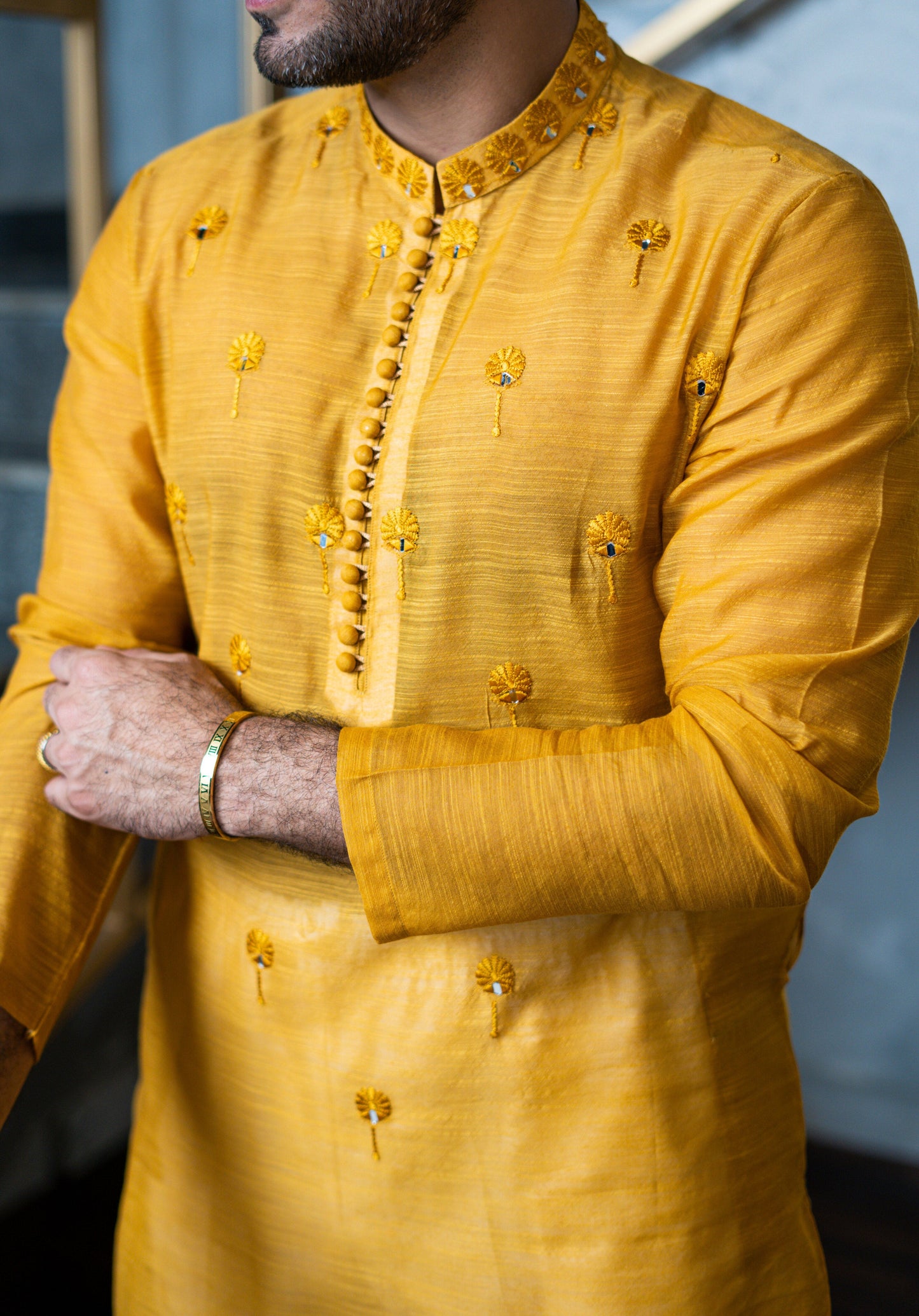 Mustard Embossed Kurta Pajama