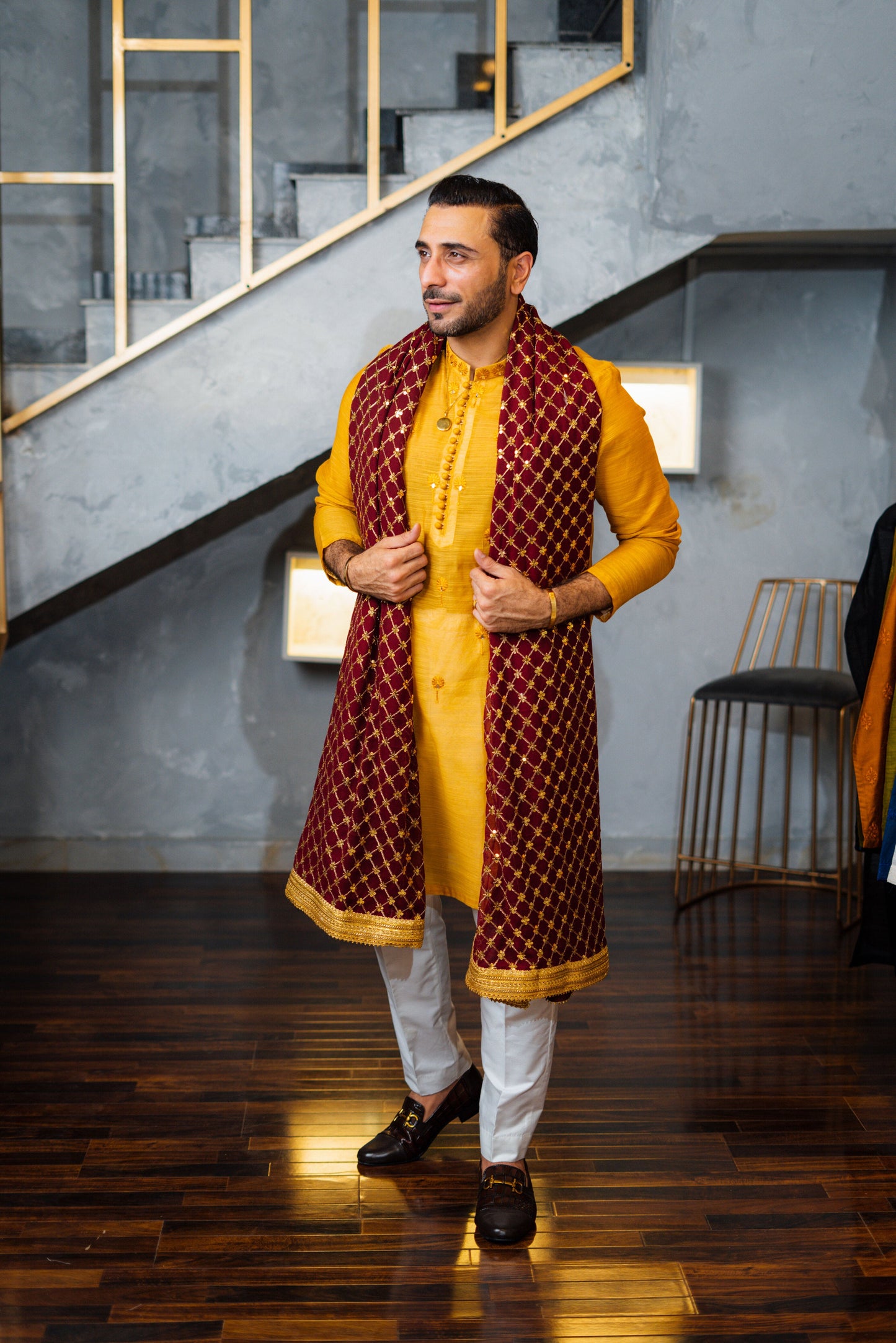 Mustard Embossed Kurta Pajama