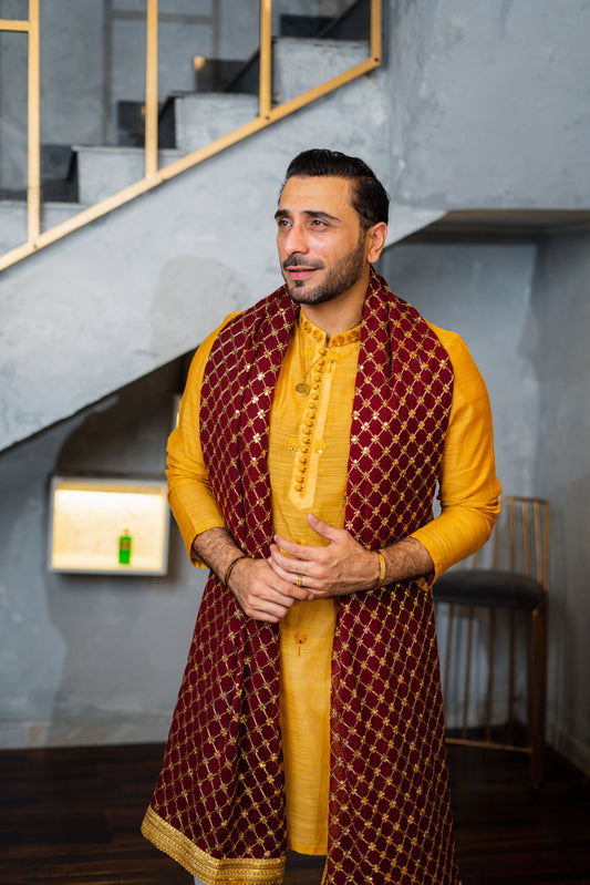 Mustard Embossed Kurta Pajama