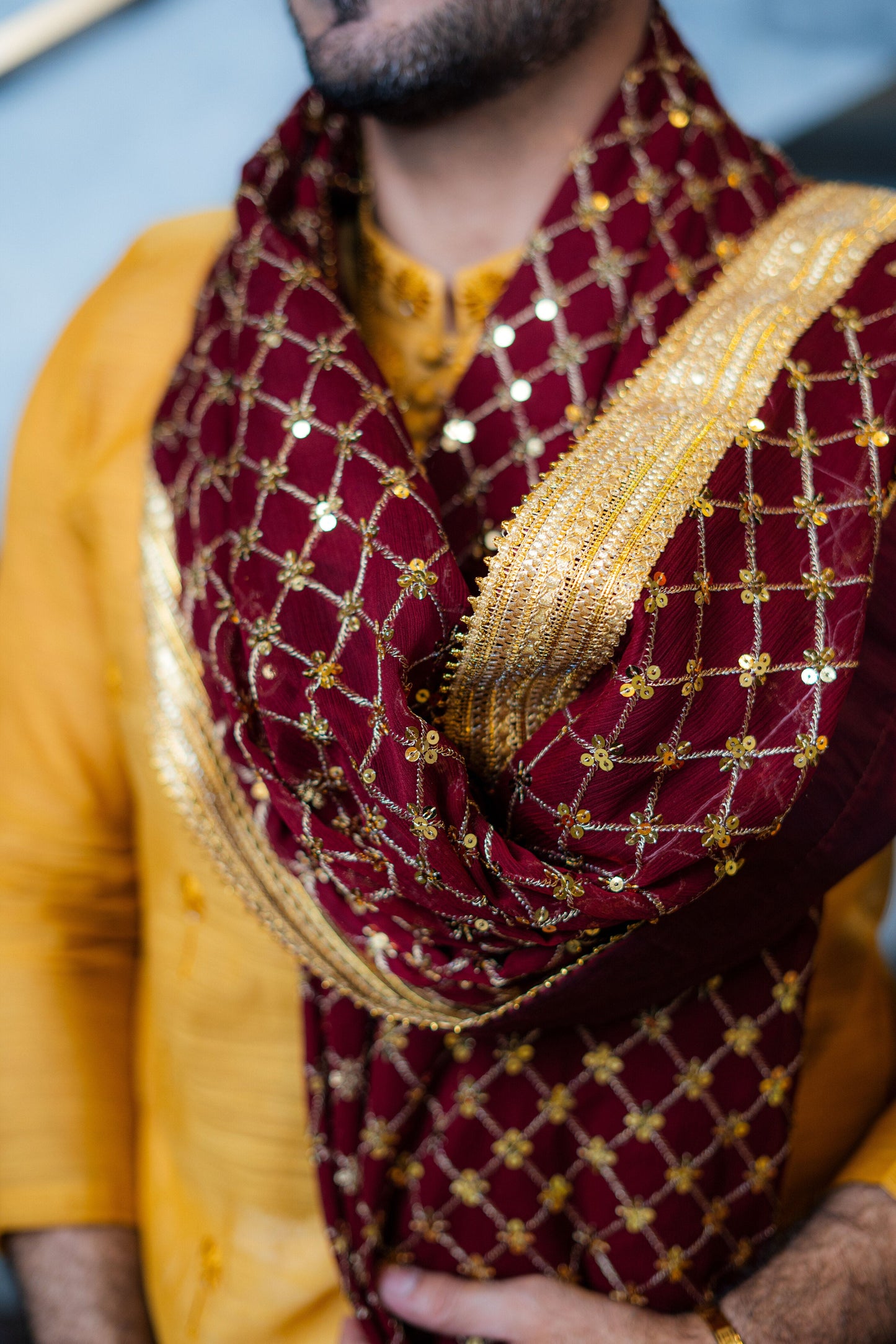 Mustard Embossed Kurta Pajama