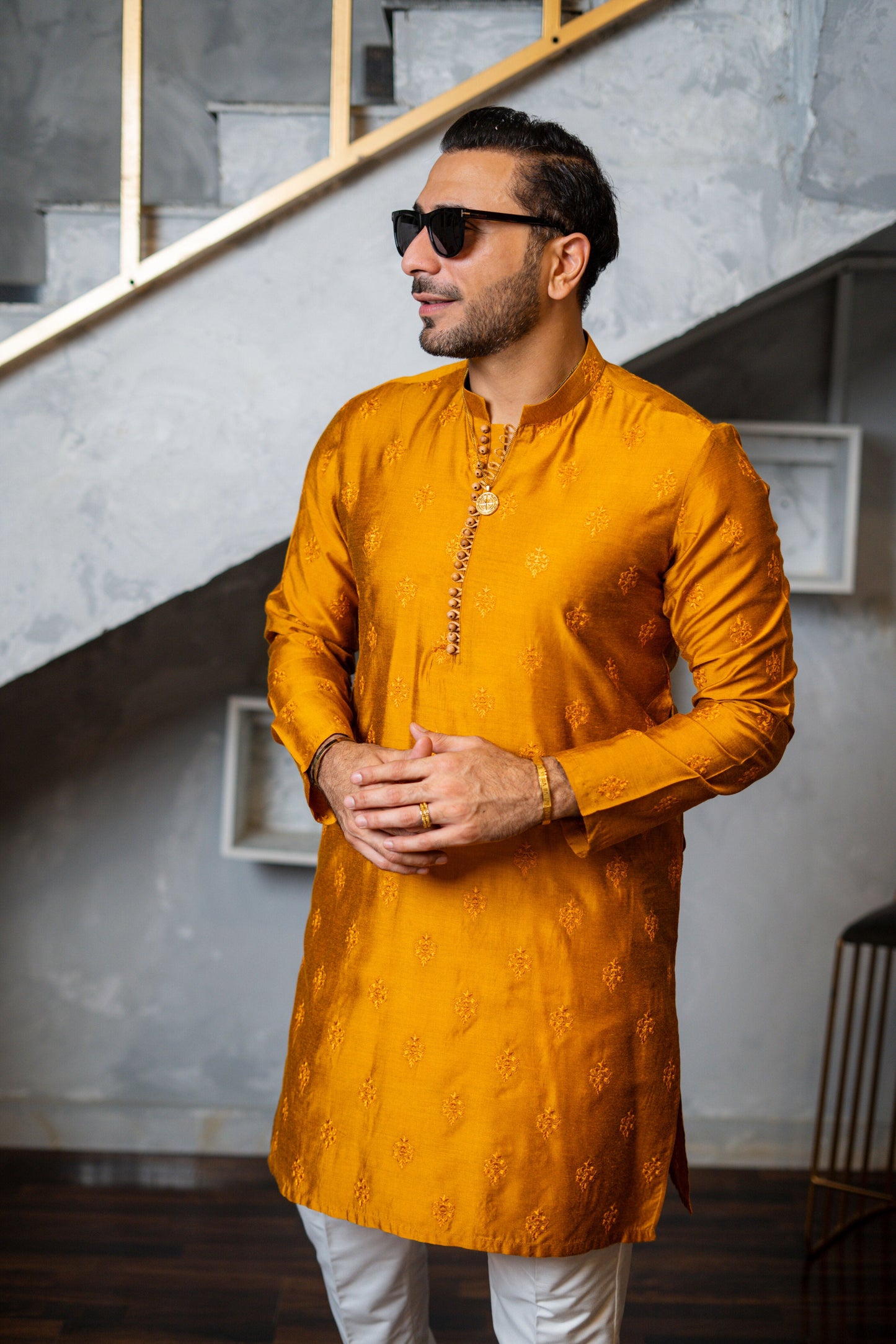 Mustard Embossed Kurta Pajama