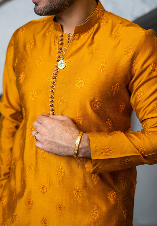 Mustard Embossed Kurta Pajama