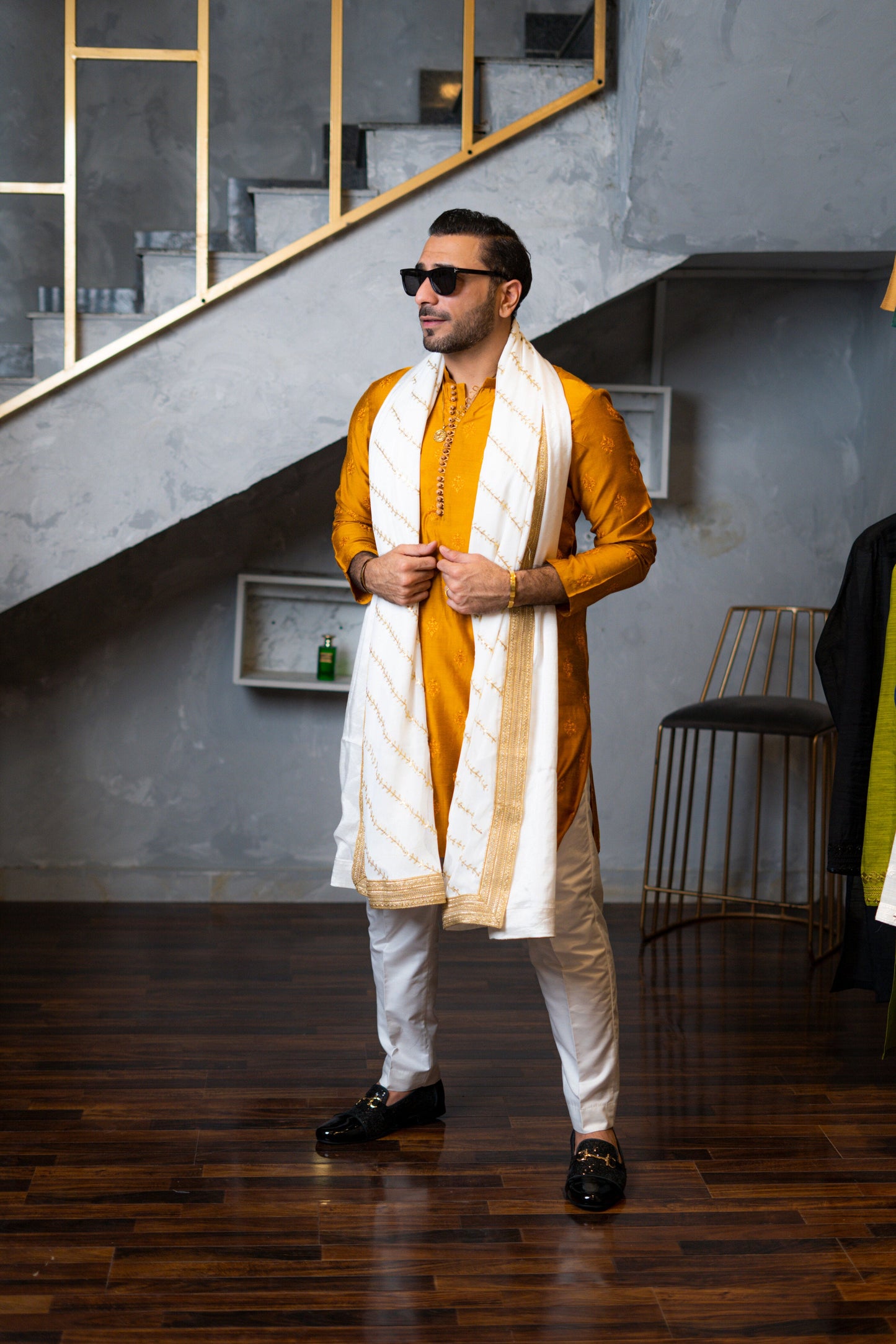 Mustard Embossed Kurta Pajama