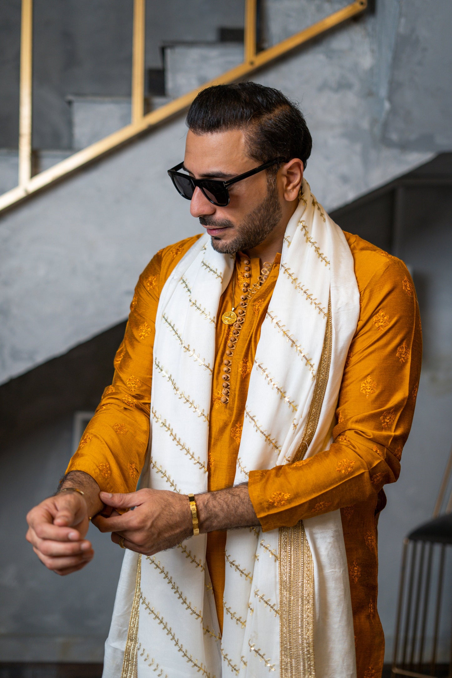 Mustard Embossed Kurta Pajama
