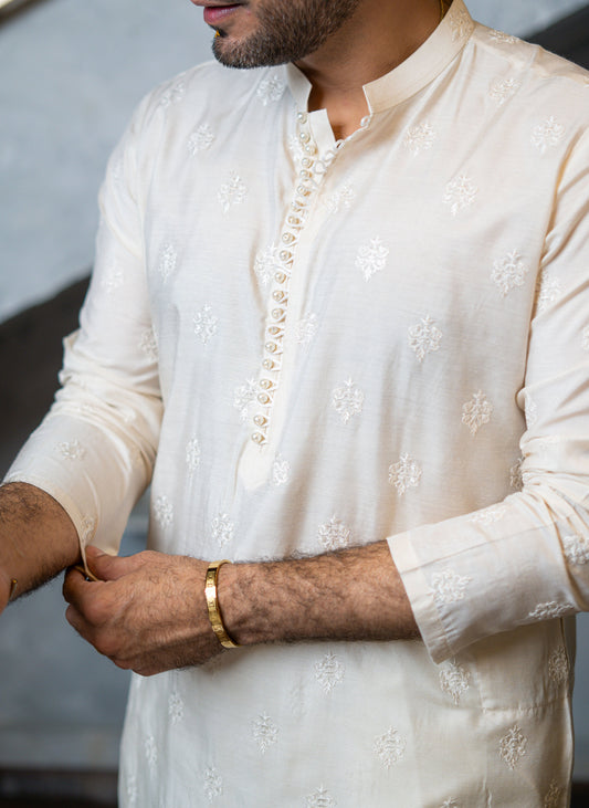 Ivory Embossed Kurta Pajama