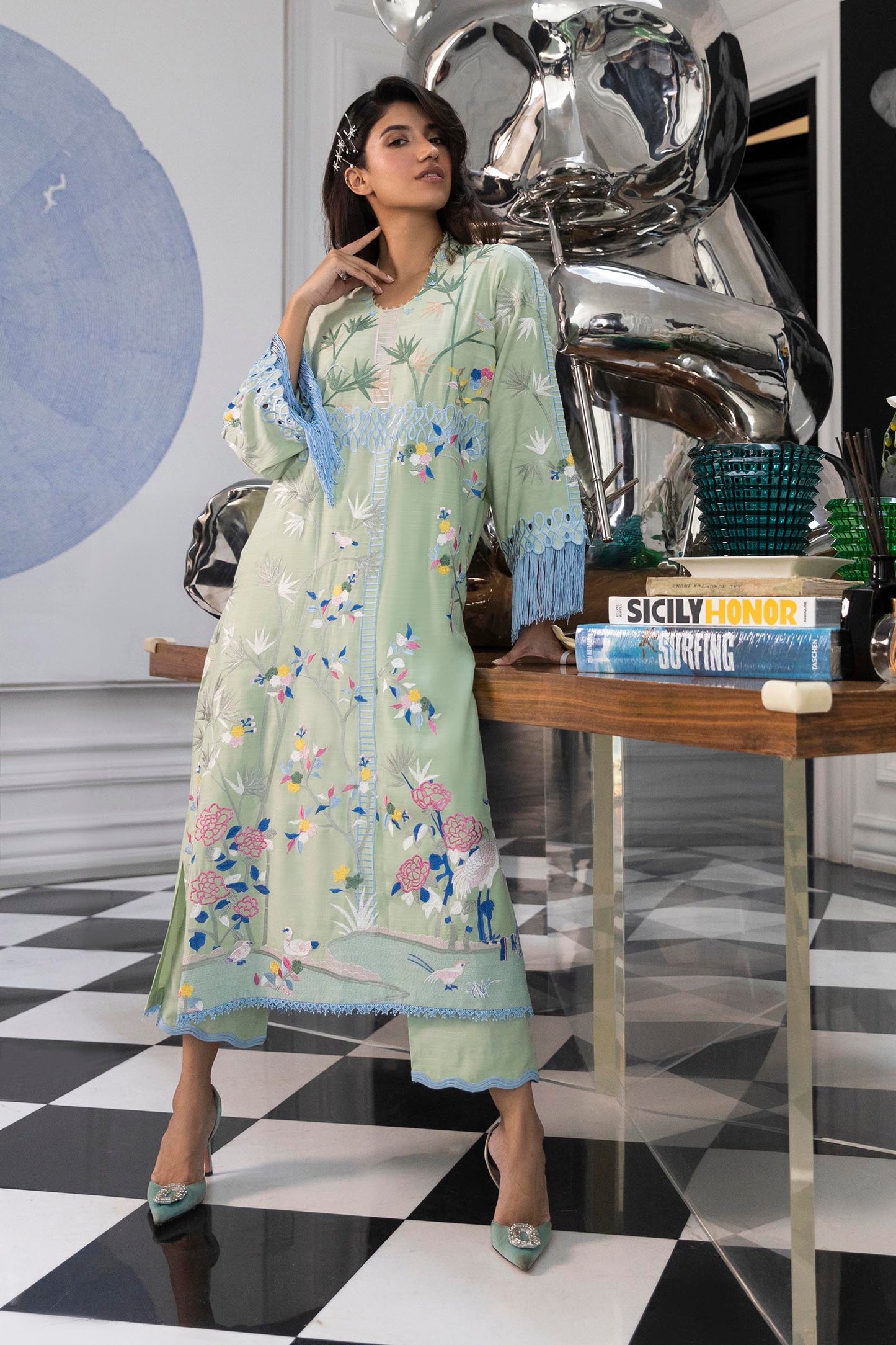 Stitched Embroidered Raw Silk Shirt + Trouser