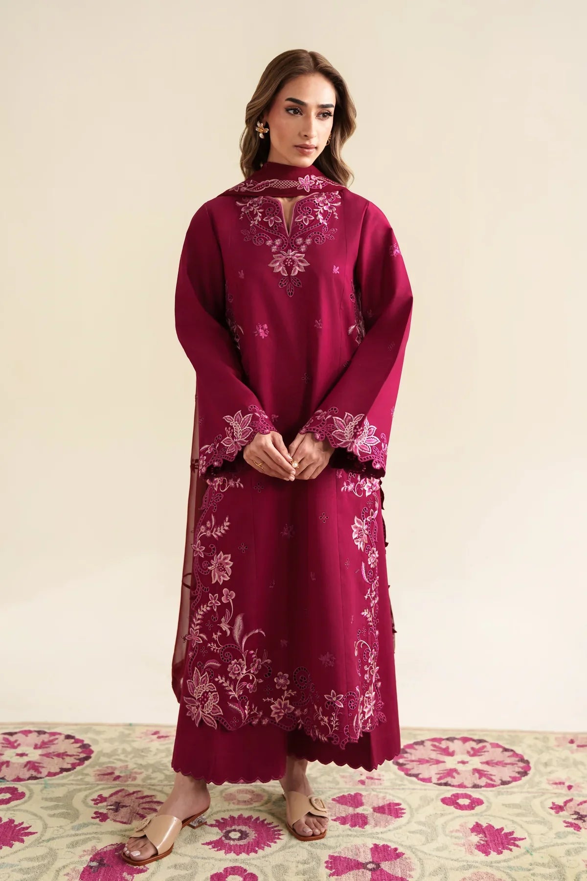 Ready To Wear SS '26 - DEEP PINK LUXURY EMBROIDERED 3PCS SET | NPA3-26425