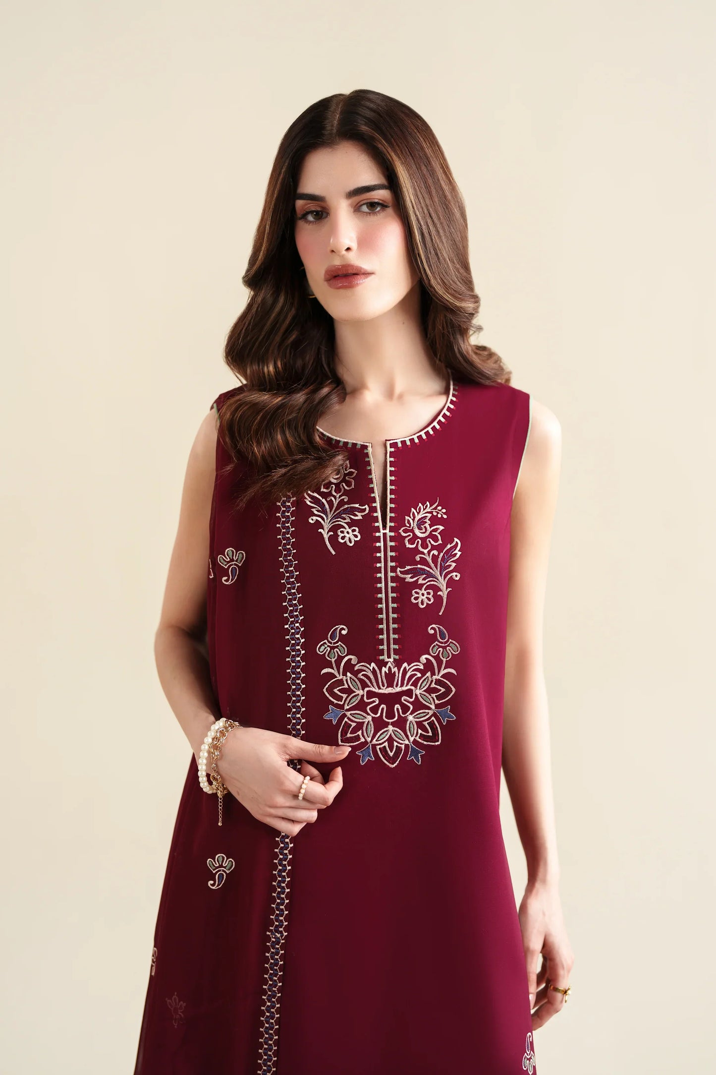 Ready To Wear SS '26 - DEEP BURGUNDY LUXURY EMBROIDERED 3PCS SET | NPA3-26420