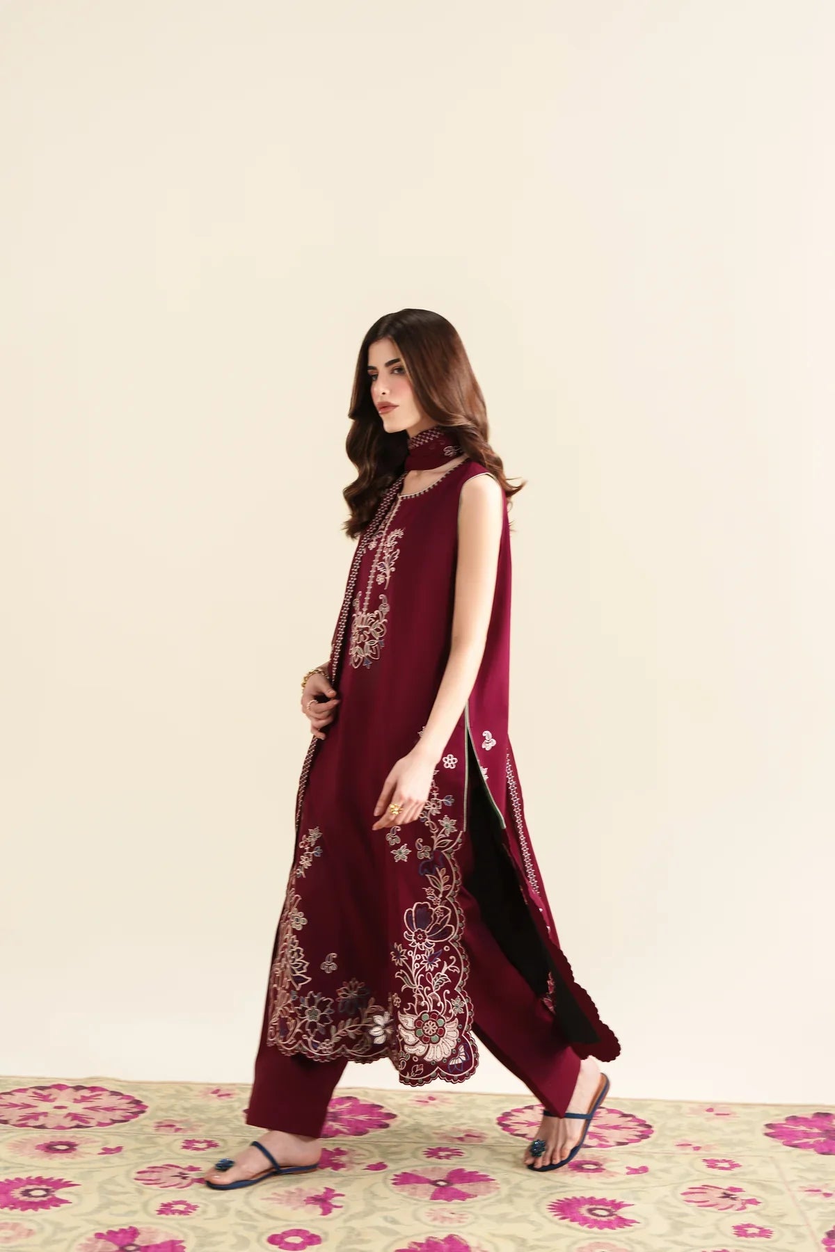 Ready To Wear SS '26 - DEEP BURGUNDY LUXURY EMBROIDERED 3PCS SET | NPA3-26420