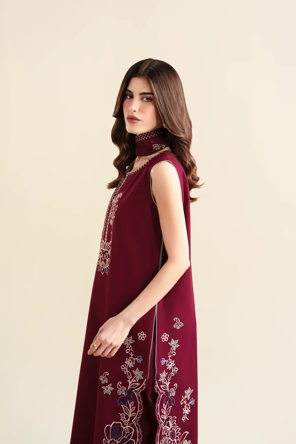 Ready To Wear SS '26 - DEEP BURGUNDY LUXURY EMBROIDERED 3PCS SET | NPA3-26420