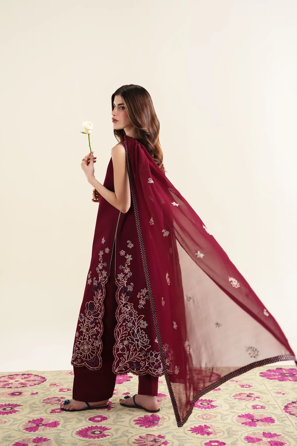 Ready To Wear SS '26 - DEEP BURGUNDY LUXURY EMBROIDERED 3PCS SET | NPA3-26420