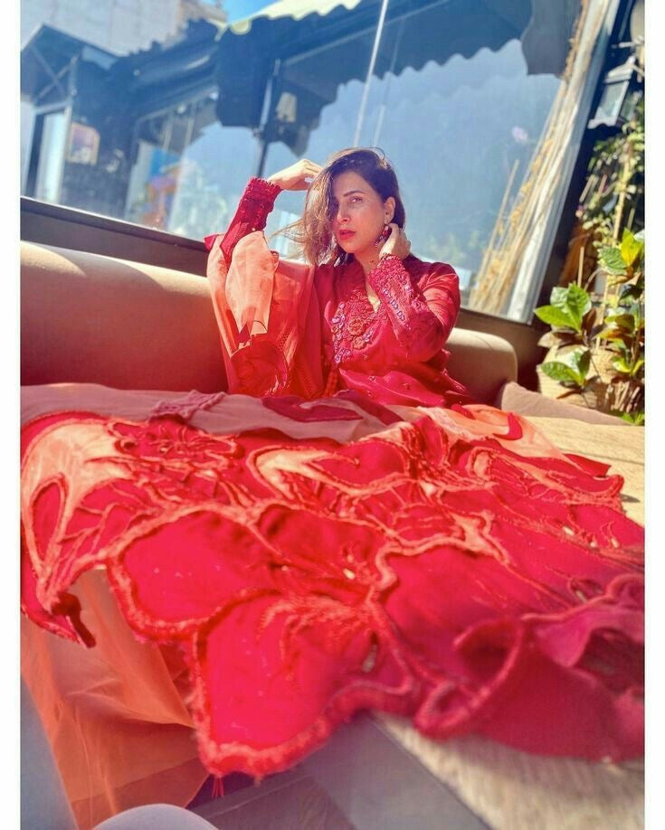 Long Embroidered Angarkha With Statement Dupatta