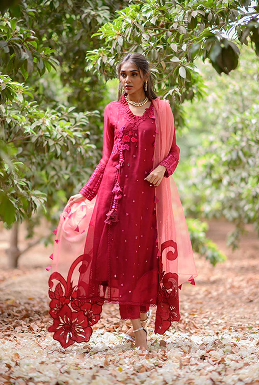 Long Embroidered Angarkha With Statement Dupatta