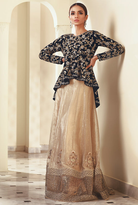 Fusion Peplum Choli With A Hand Worked Tissue Lengha