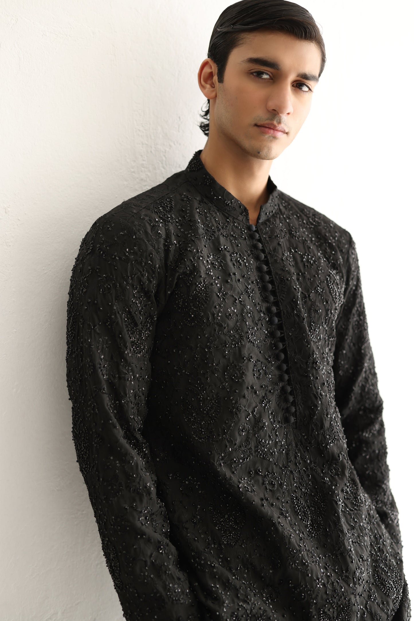 BLACK EMBOSSED, EMBROIDERED KURTA PAJAMA