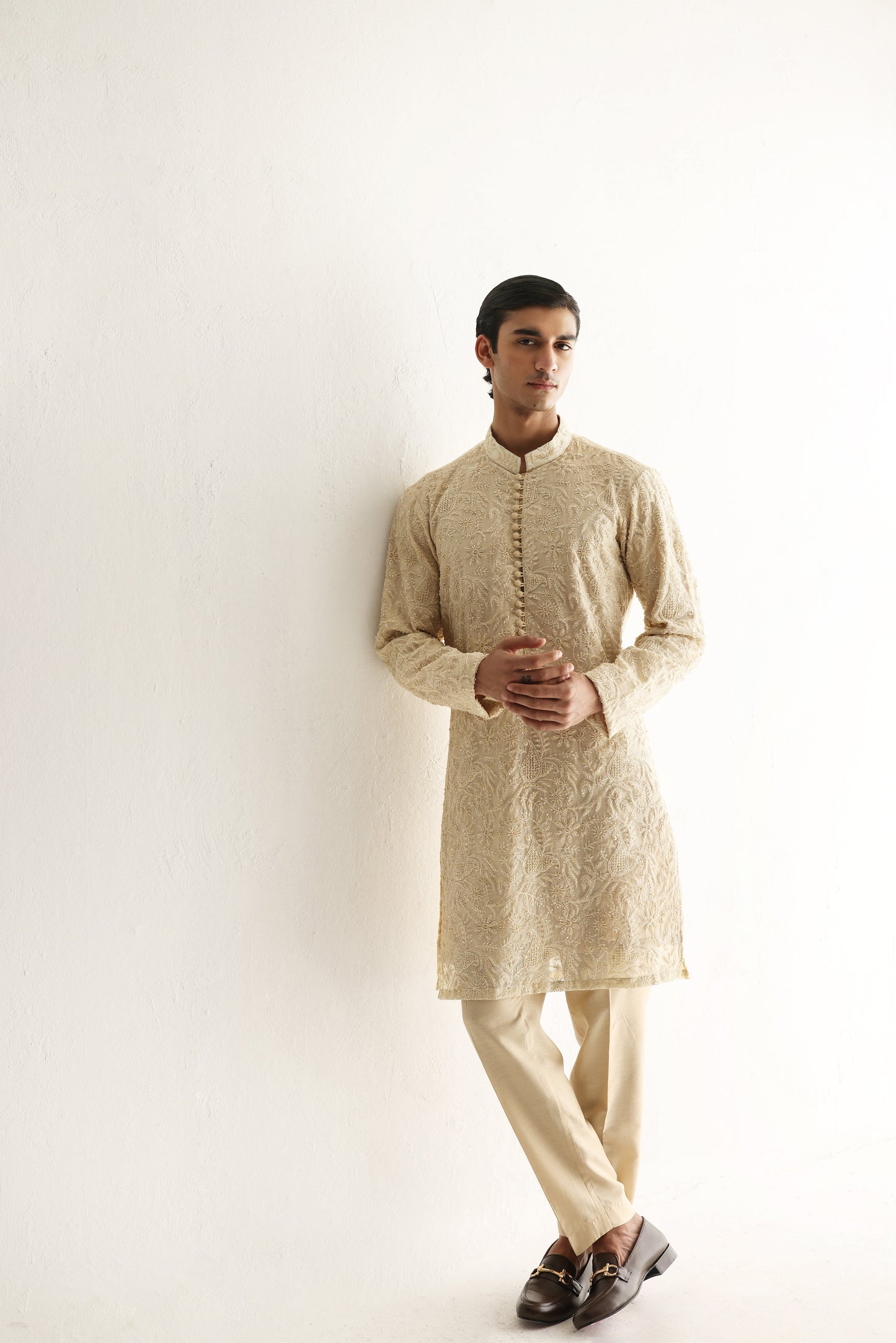 Beige Embroidered Embellish Full Hand Work Kurta Pajama