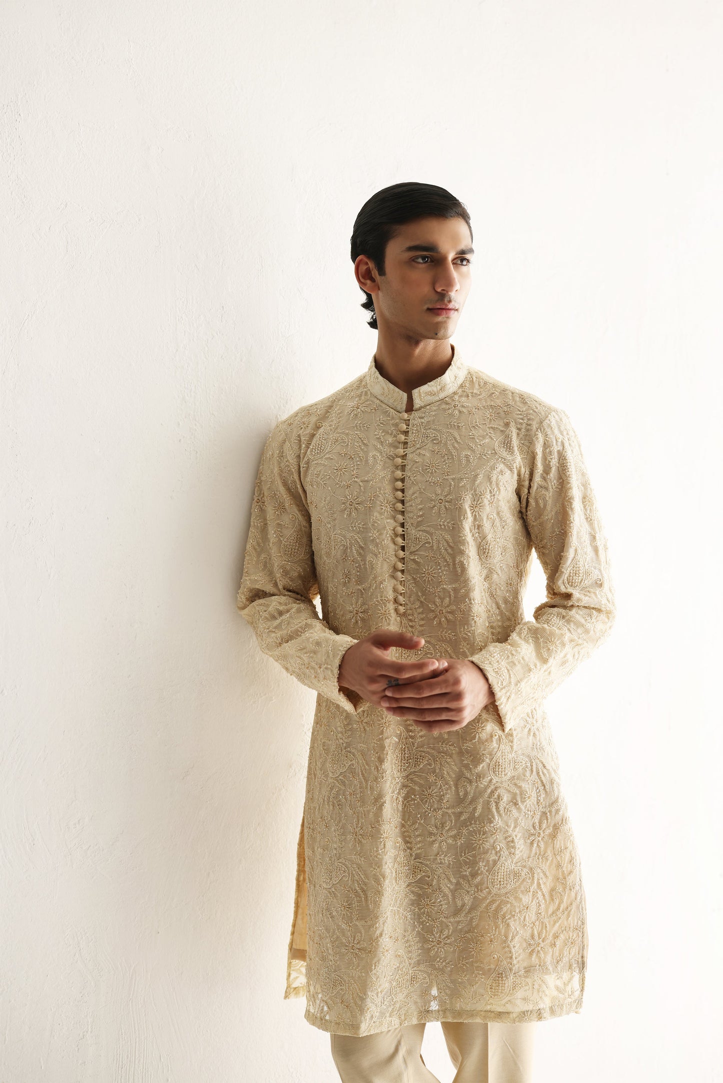 Beige Embroidered Embellish Full Hand Work Kurta Pajama