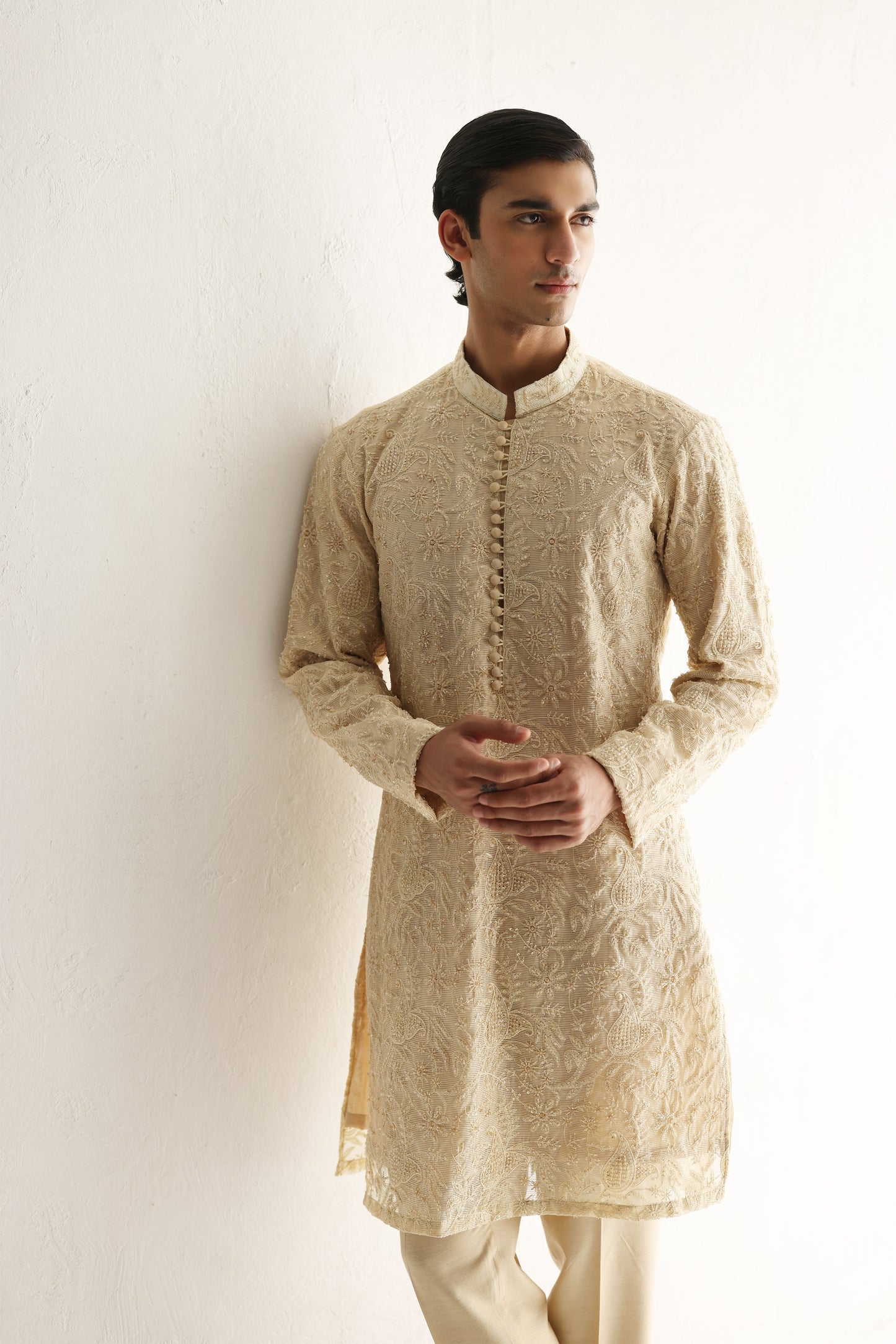Beige Embroidered Embellish Full Hand Work Kurta Pajama