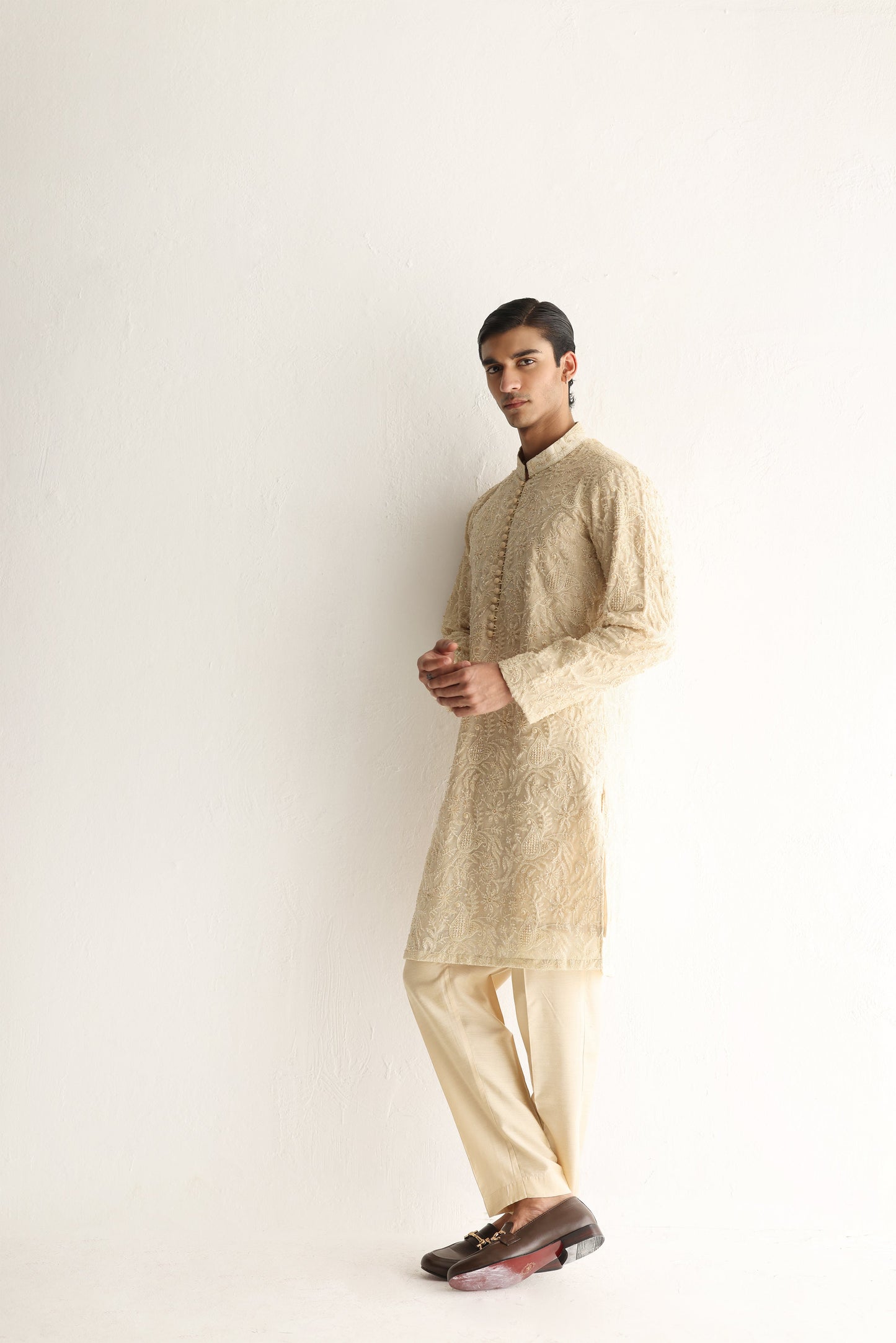 Beige Embroidered Embellish Full Hand Work Kurta Pajama