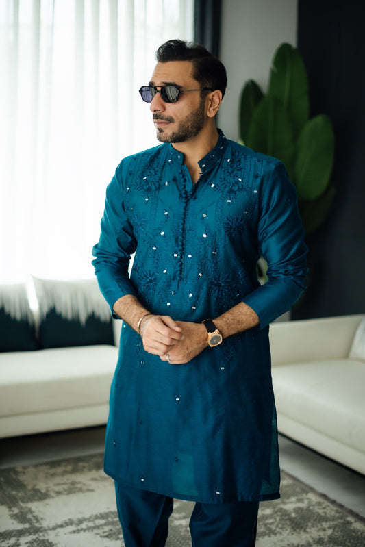 Teal Blue Mirror Embossed Kurta Shalwar