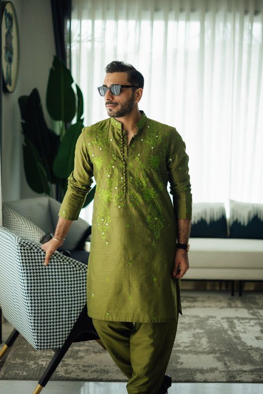Olive Green Mirror Embossed Kurta Shalwar