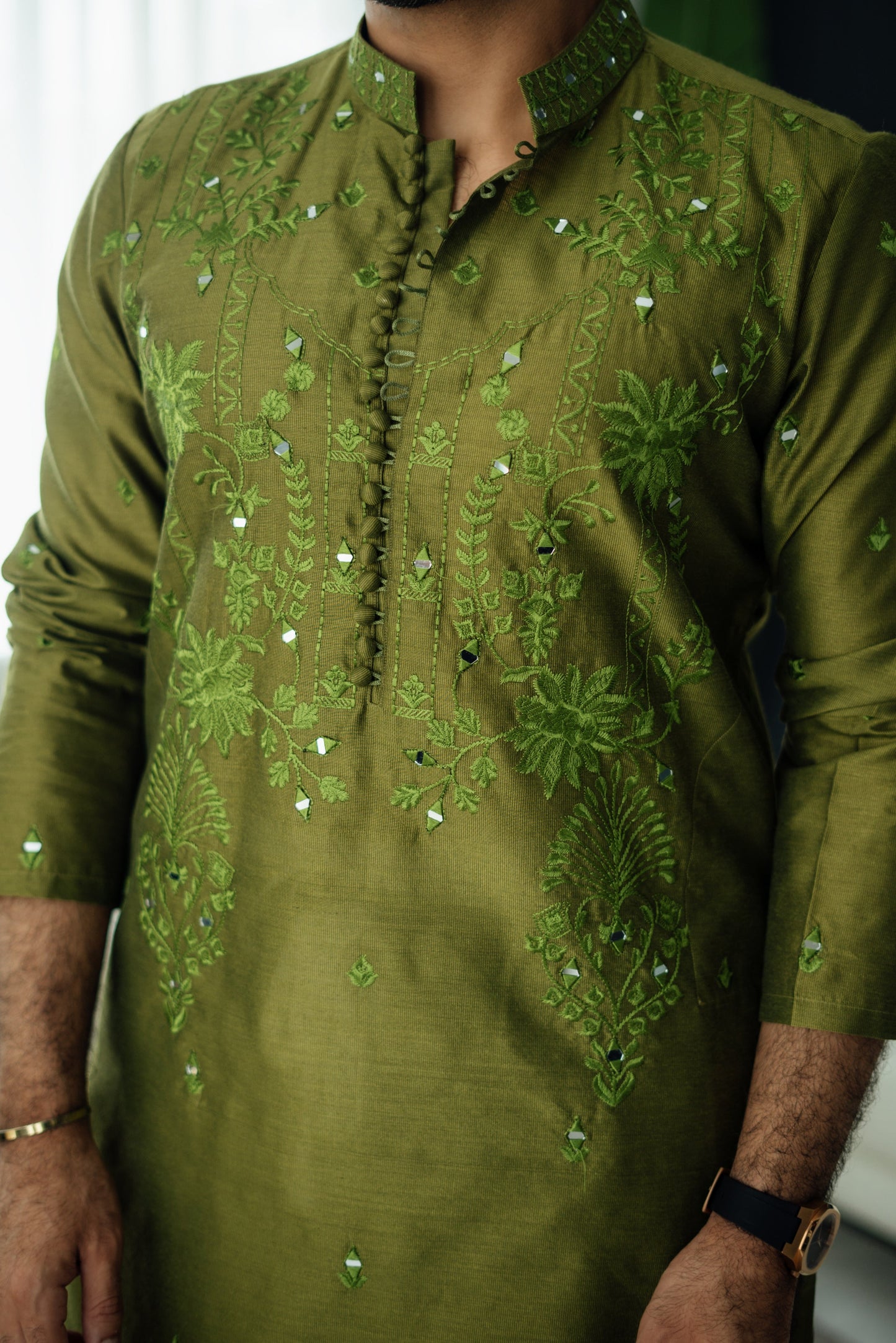 Olive Green Mirror Embossed Kurta Shalwar
