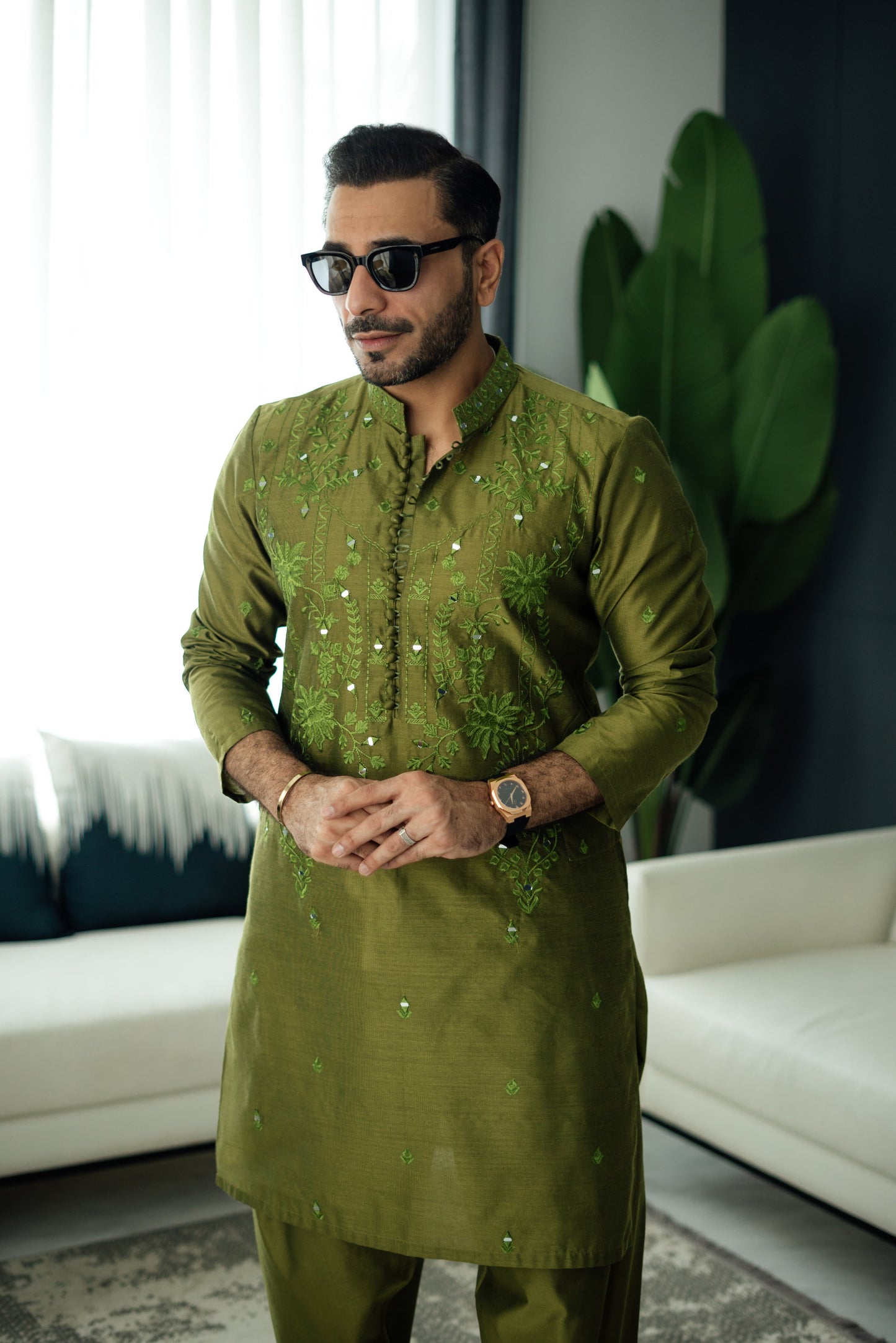 Olive Green Mirror Embossed Kurta Shalwar