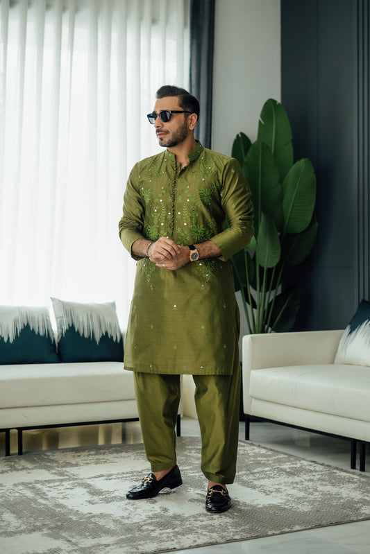 Olive Green Mirror Embossed Kurta Shalwar