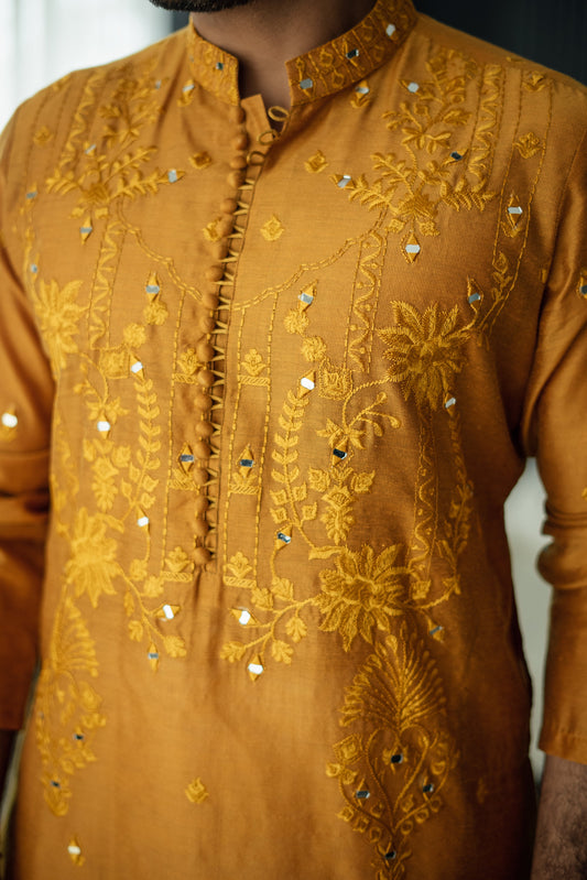 Mustard Mirror Embossed Kurta Pajama