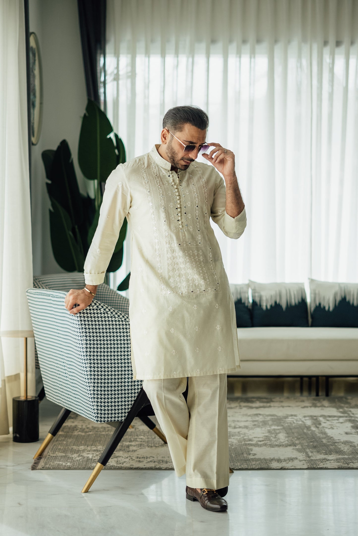 Ivory Mirror Embossed Kurta Pajama