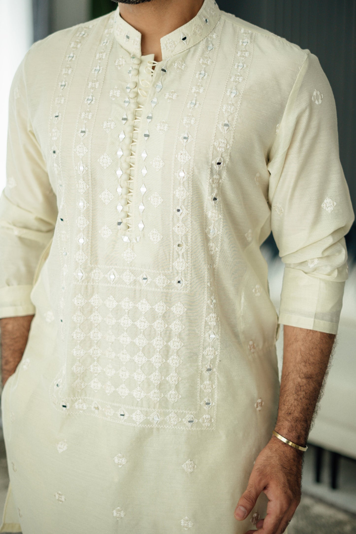 Ivory Mirror Embossed Kurta Pajama