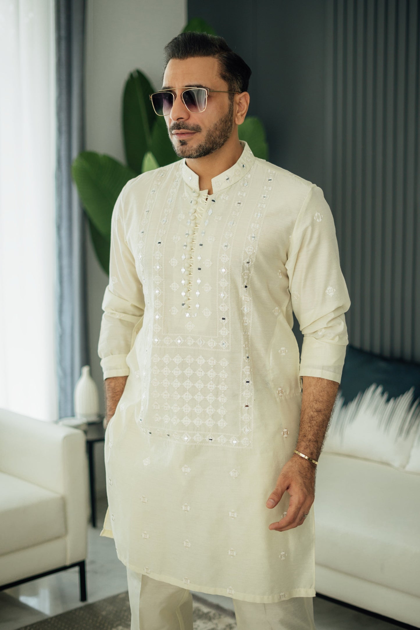 Ivory Mirror Embossed Kurta Pajama