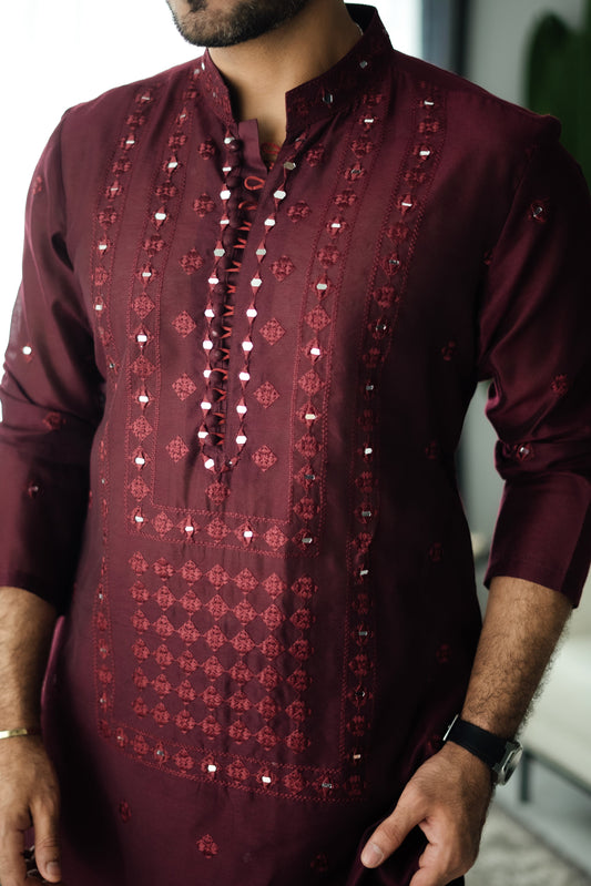 Maroon Mirror Embossed Kurta Shalwar