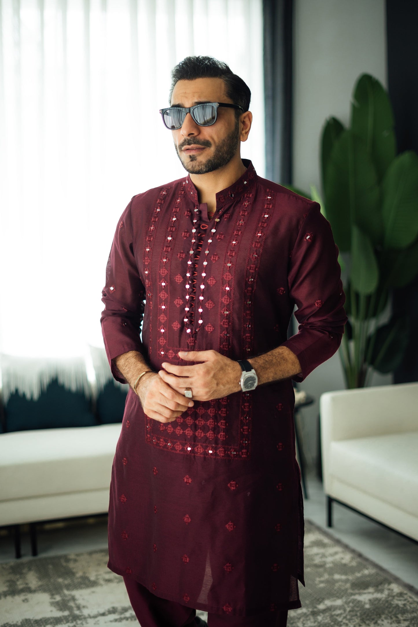 Maroon Mirror Embossed Kurta Shalwar