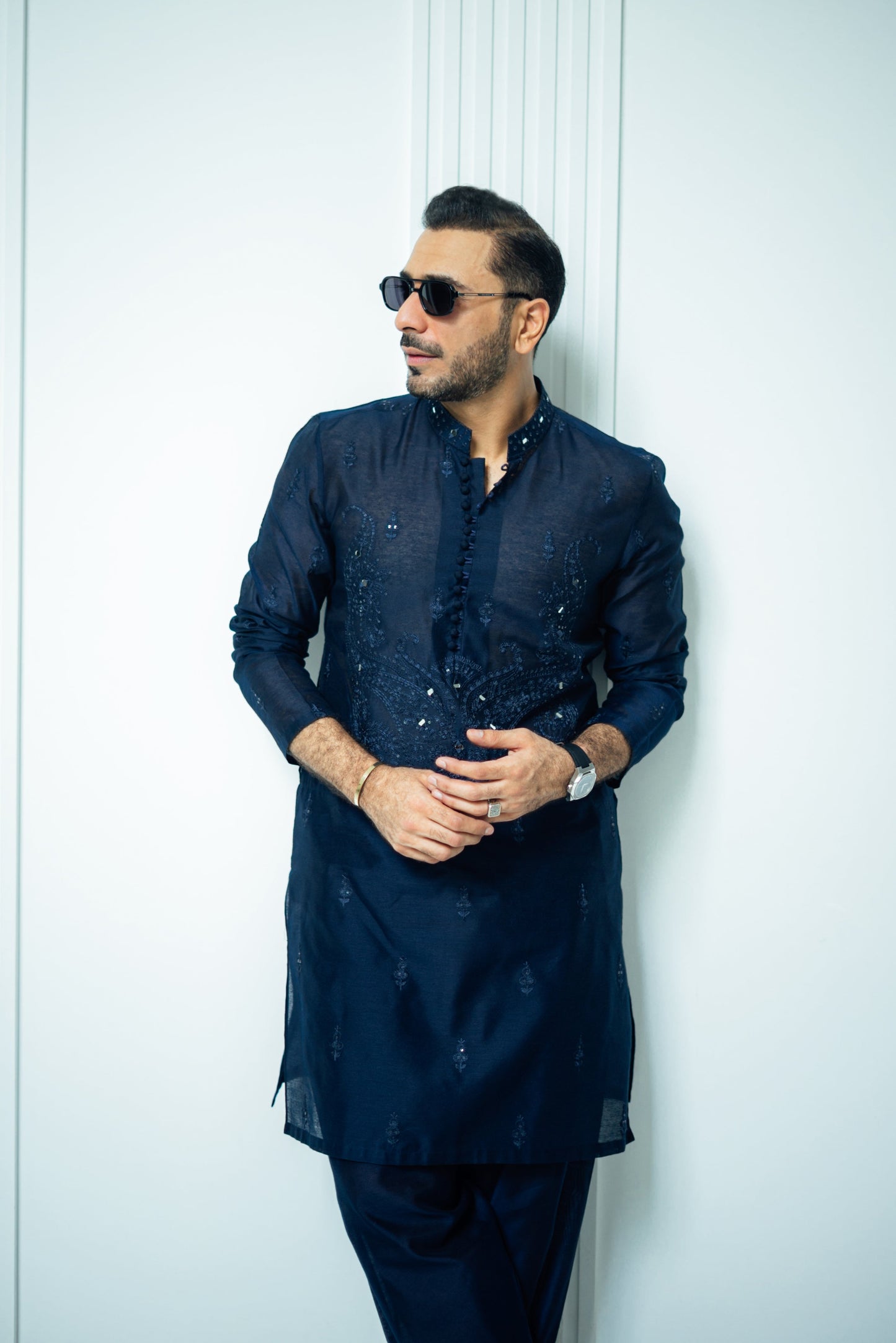 Navy Blue Mirror Embossed Kurta Shalwar